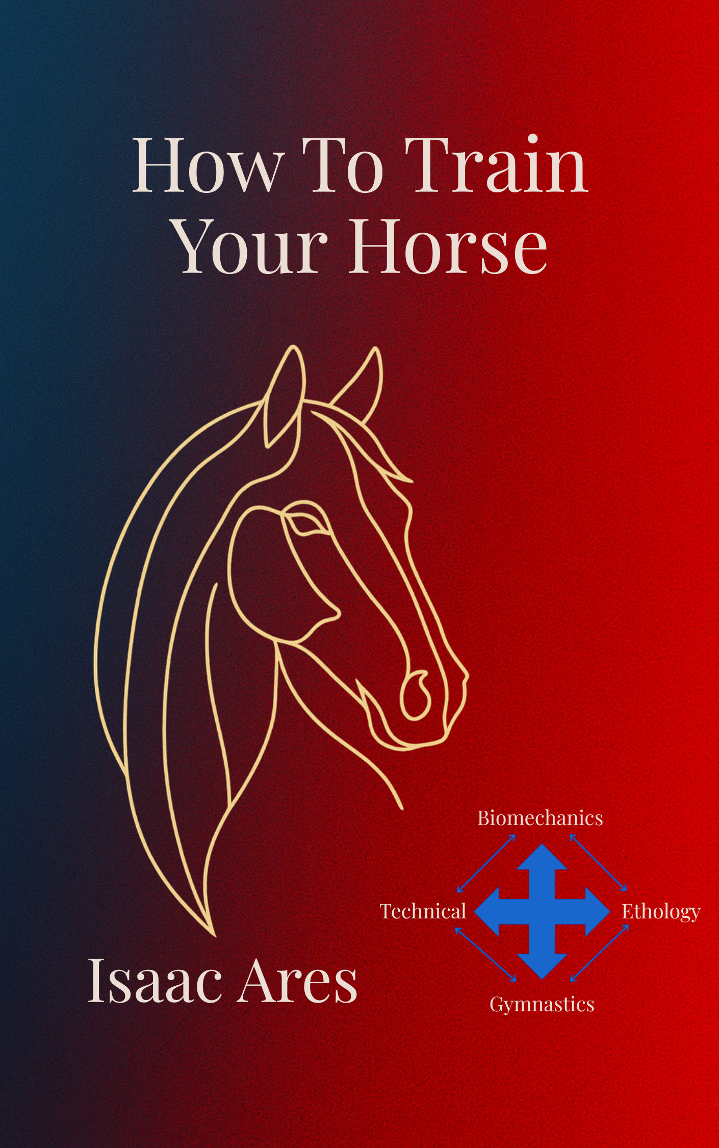 Book cover for How to Train Your Horse by Isaac Ares, featuring an elegant horse outline over a red-blue gradient and a diagram connecting biomechanics, ethology, technique, and gymnastics.