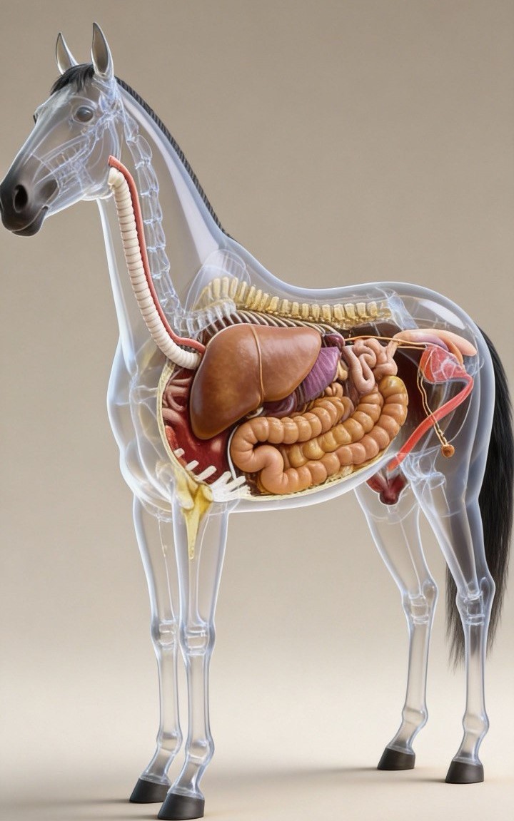Detailed anatomical illustration of a horse showing internal digestive organs, highlighting the connection between gut health and overall equine wellbeing.